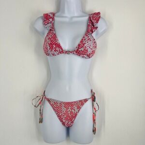 Maaji Bikini Set Pink Snakeskin Tropical Floral Ruffle Triangle Size Small